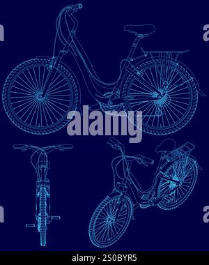 Blaues Fahrrad mit Sitz. Das Motorrad wird von vorne, hinten und von der Seite gezeigt Stock Vektor