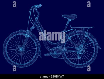 Blaues Fahrrad mit Sitz und blauem Lenker. Das Motorrad wird stilvoll dargestellt, wobei der Rahmen des Motorrads und die Speichen des Laufrads emphas sind Stock Vektor