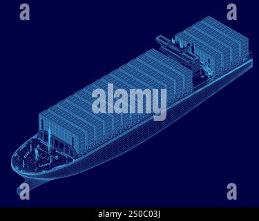 Blaues Schiff mit blauem Streifen an der Seite. Das Schiff ist groß und hat viele Container Stock Vektor