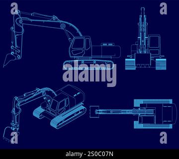 Blaue Zeichnung eines Baufahrzeugs. Die Zeichnung zeigt eine Maschine mit einer großen Schaufel an der Vorderseite Stock Vektor