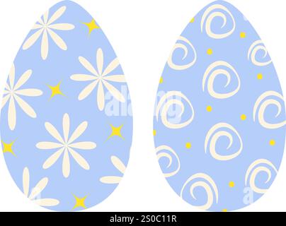 Ostereier mit freihändig bemalten dekorativen Ornamenten und Blumen. Design-Element-Konzept für Ostergrüße. Set 2 isolierte Vektor-Illustration Aufkleber, Symbol, Grußkarte, Prospekt, Banner oder Web-Promo, Tag Stock Vektor