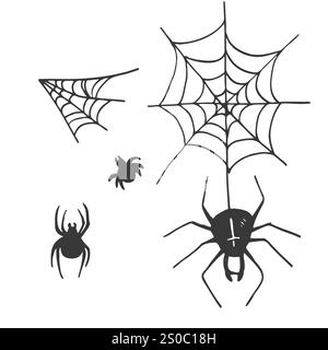 Spinnennetz und Spinnennetze, ein Satz von Elementen im handgezeichneten Stil. vektorgrafik einfaches Doodle Stock Vektor