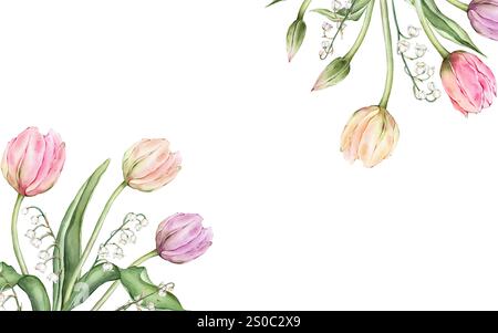 Rechteckiger Rahmen mit pastellrosa hellen Tulpen und Maiglöckchen für Grußkarte „Hello Spring“. Handgezeichnete Aquarellillustration Stockfoto