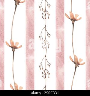 Rosa pastellfarbener Aquarellhintergrund mit Streifen und nahtlosem Muster der Wildfeldblumen. Hand gezeichneter abstrakter geometrischer Hintergrund mit Strichen und Flor Stockfoto