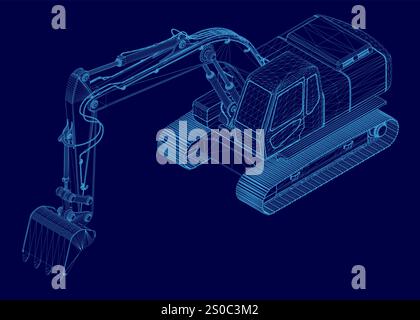 Blaue Zeichnung eines Baufahrzeugs. Die Zeichnung zeigt eine große Maschine mit einer großen Schaufel an der Vorderseite. Die Maschine ist blau und weiß und sieht aus Stock Vektor