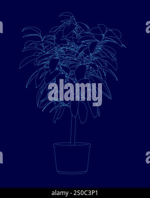 Blaue Zeichnung einer Pflanze in einem Topf. Die Zeichnung ist blau und die Anlage wird sehr detailliert dargestellt Stock Vektor