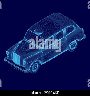 Blaues Auto mit einem Taxi oben. Das Fahrzeug ist ein Oldtimer und wird in einem 3D-Format gezeigt Stock Vektor