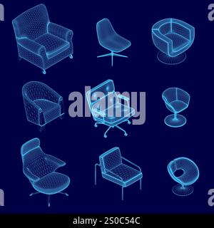 Set aus blauen Stühlen und einem Stuhl mit runder Oberseite. Die Stühle haben alle verschiedene Formen und Größen Stock Vektor