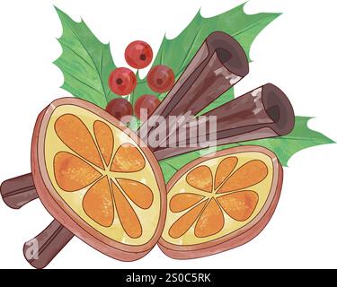 weihnachten und Neujahr Set Orange, Zimtmistel. Vektordarstellung auf isoliertem Hintergrund Stock Vektor