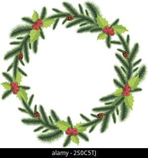 Weihnachtskranz aus Fichtenzweigen, Kegeln, Mistelbeeren. Weihnachtliche Einrichtung. Traditionelle Neujahrsdekorationen oder Inneneinrichtung. Vektorabbildung. Stock Vektor