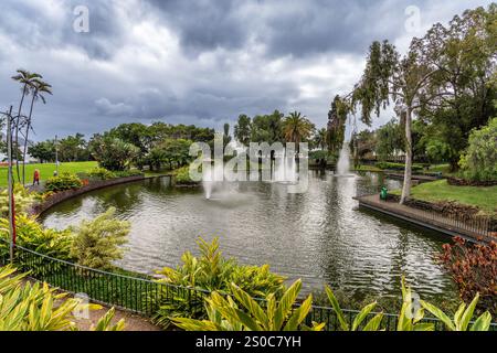 Friedliche Parkszene mit einem ruhigen See mit Springbrunnen, lebendigen Pflanzen und Bäumen unter einem dramatisch bewölkten Himmel, perfekt für Natur und Entspannung Stockfoto