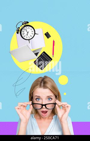 Vertikale Collage Bild junge Frau schockiert beeindruckt Reaktion Arbeit liefert Laptop Rechner Deadline Clock Time Management. Stockfoto