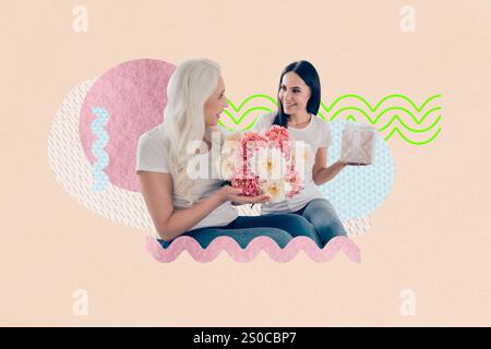 Composite Trend Artwork Skizze Bild Collage der jungen Dame alte Frau Mutter Tochter Hand halten Geschenk Blumenstrauß Geschenkbox Urlaub. Stockfoto