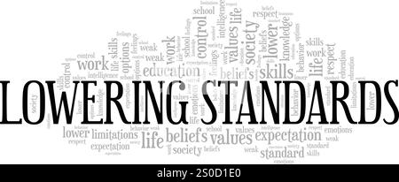 Reduzierende Standards Wortwolke Konzeptdesign isoliert auf weißem Hintergrund. Stock Vektor