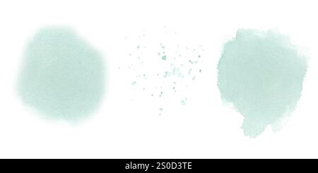 Abstrakte Aquarellflecken und -Spritzer in Pastellmint. Illustrationssatz isoliert vom Hintergrund. Handgezeichnete Pinselstriche und Spritzer. Texturen für Ihre Designs. Stockfoto