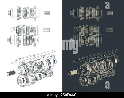 Stilisierte Vektorabbildungen von Bauplänen für Getriebemechanismen Stock Vektor