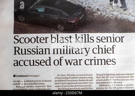 "Scooter-Explosion tötet hochrangigen russischen Militärchef, der wegen Kriegsverbrechen beschuldigt wird" Guardian-Zeitung Headline Moskau Russland artikel 18 Dezember 2024 Vereinigtes Königreich Stockfoto