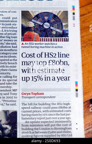 „Die Kosten für die HS2-Strecke könnten 80 Mrd. £ übersteigen, wobei die Schätzung 15 % pro Jahr steigen würde“, titelte die Zeitung Guardian, High Speed Railway artikel 18 Dezember 2024 England Großbritannien Stockfoto