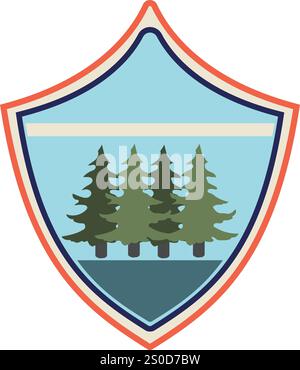 Klassischer Retro-Cartoon mit Waldabzeichen. Logo-Patch, Insignia Woodland, immergrüne Kiefer klassisches Retro-Waldabzeichen. Isolierte Symbolvektordarstellung Stock Vektor