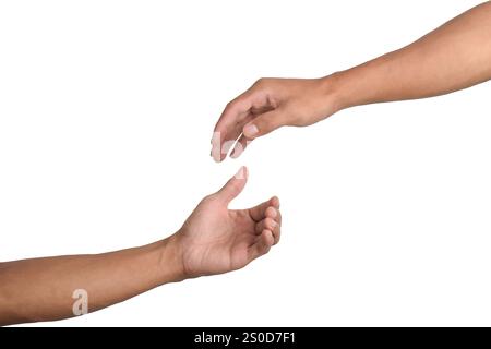 Hände, die nach außen greifen, um zu helfen oder zu geben, isoliert auf weißem Hintergrund Stockfoto