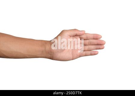 Mann streckt Hand zum Handschlag isoliert auf weißem Hintergrund. Männliche Hand bereit zum Handschütteln Stockfoto