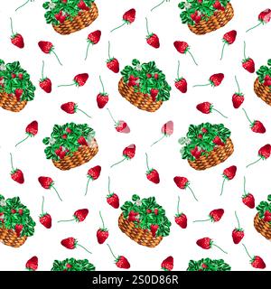 Victorias Korb. Nahtloses Muster. Botanische Illustration von Erdbeeren isoliert auf weißem Hintergrund. Für Ihr Design. Stockfoto