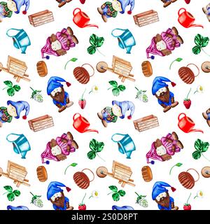 Gnome, Körbe, Wagen, victoria mit Blättern und Gießkannen. Aquarellzeichnung eines nahtlosen Musters auf weißem Hintergrund für Ihr Design. Stockfoto
