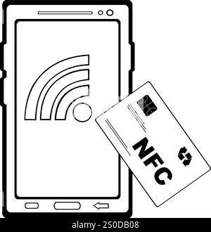 Vektor-Illustration Zeichnung Symbol Kunststoff Kreditkarte und Handy in NFC Signal Konzept, Skizze Zeichnung in schwarz-weiß Farbe Stock Vektor