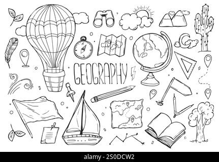 Geography Doodle Set. Bildungs- und Studienkonzept. Karte, Kugel, Kompass im Skizzenstil. Stock Vektor