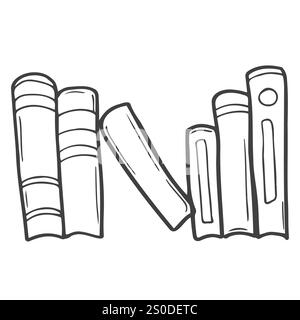 Eine Reihe von Bibliotheksbüchern kritzelte. Stapel von Büchern, geöffnete und geschlossene Bücher im Skizzenstil. Handgezeichnete Vektorillustration isoliert auf weißem Hintergrund. Stock Vektor