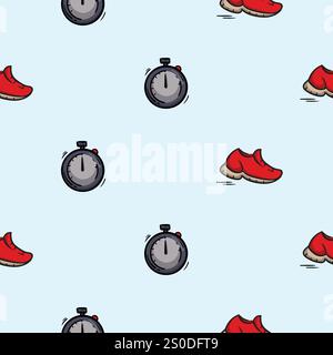 Leuchtendes nahtloses Muster mit Stoppuhr und Sneakers. Vektor editierbarer Hintergrund für Sport, Fitness, Fitnessstudio und gesund Stock Vektor