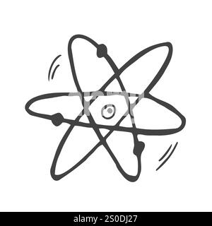 Wissenschaftliches Atom-Symbol, einfaches Symbol. Handgezeichnetes Bild auf Papierbogen. Blaue Tinte, Umrisszeichnung. Doodle im karierten Hintergrund Stock Vektor