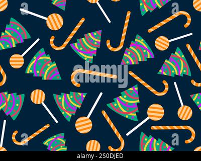 Nahtloses Muster mit dekorierten Weihnachtsbäumen und Zuckerstangen. Weihnachtsbaum mit Girlande, Weihnachtsbällen und festlichen Süßigkeiten Stock Vektor