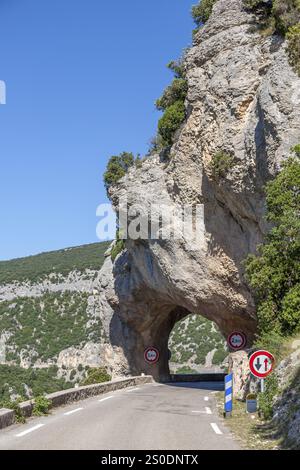 Die Straße führt durch eine felsige Schlucht mit Straßenschildern umgeben von grüner Vegetation, Gorges de la Nesque, Provence, Frankreich, Europa Stockfoto