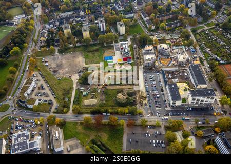 Luftaufnahme, Kaiserquartier Herne, Baustelle mit Neubau eines Wohnkomplexes und Wohnsiedlung, Lackmanns Hof Kindergarten und Stockfoto