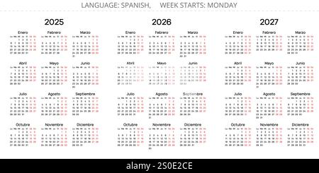 Jahreskalender 2025, 2026, 2027 spanien. Einfache Vektor-Illustration Set für Spanien - Espanol Calendario Stock Vektor