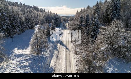 Ein fesselnder Blick aus der Vogelperspektive auf eine Eisenbahnstrecke, die durch einen ruhigen, schneebedeckten Wald führt. Stockfoto