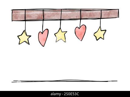 Hand gezeichnete Kritzelgirlande mit Herzen und Sternen, Vektor-Illustration. Stock Vektor