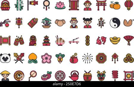 Chinesische Neujahrssymbole hochwertige Vektor-Icons-Kollektion mit editierbarer Kontur. Ideal für professionelle und kreative Projekte. Stock Vektor