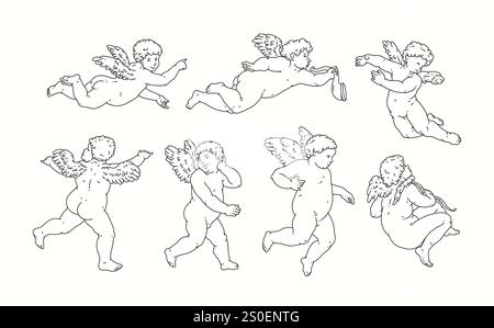 Cherub skizziert und Linie Kunst zum Valentinstag mit Cupid Vektor. Vektorsymbol für Liebe und Romantik. Antike Engel Baby Cupid Illustration für prin Stock Vektor