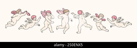 Cherub skizziert und Linie Kunst zum Valentinstag mit Cupid Vektor. Vektorsymbol für Liebe und Romantik. Antike Engel Baby Cupid Illustration für prin Stock Vektor