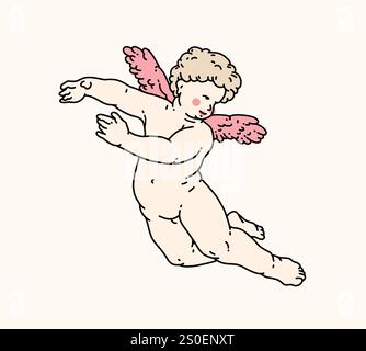 Cherub skizziert und Linie Kunst zum Valentinstag mit Cupid Vektor. Vektorsymbol für Liebe und Romantik. Antike Engel Baby Cupid Illustration für prin Stock Vektor