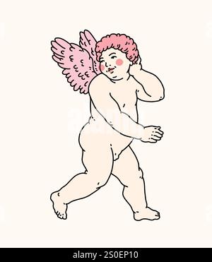 Cherub skizziert und Linie Kunst zum Valentinstag mit Cupid Vektor. Vektorsymbol für Liebe und Romantik. Antike Engel Baby Cupid Illustration für prin Stock Vektor