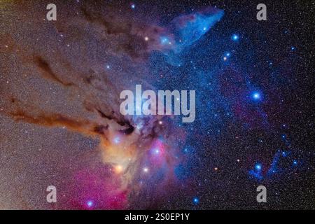 Der Rho-Ophiuchi-Komplex aus Staubwegen und Reflexionsnebeln. Stockfoto