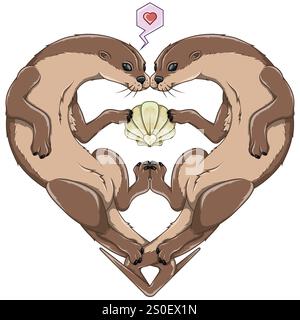 Herzförmiges Otter-Paar, Valentinstag-Symbol mit Tieren, Liebe zur Natur mit Meeressäugern Stock Vektor