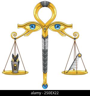 Ägyptische Waagen mit Augen des Gottes Horus, Waagen des Gottes Anubis mit Kanopischen Gefäßen, Waagen mit Feder der Wahrheit der Göttin Matt Stock Vektor