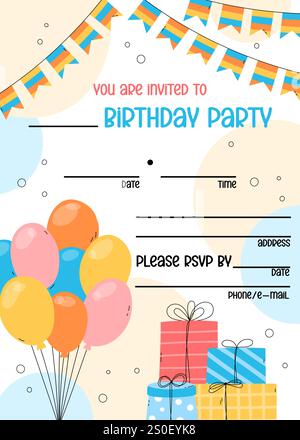 Vorlage für Geburtstagseinladungen. Niedliche lustige Elemente. Lustige bunte Kindergeburtsparty Einladungskarte mit vertikalem Design. Vektorabbildung mit Leerzeichen für Fil Stock Vektor