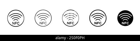Satz mit 5 NFC-Symbolen – 1 Silhouette – 1 ungedehnter Vektor – Sammlung von Symbolen für die drahtlose NFC-Zahlungstechnologie im Vektor-EPS-10-Format Stock Vektor