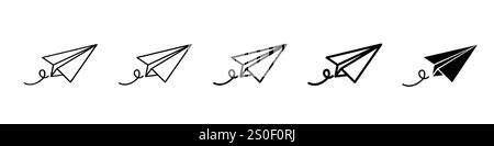 Satz mit 5 Symbolen für Papierebenen - 1 Silhouette - 1 ungelöster Vektor - Symbole für Papierflugzeuge, die Flugzeuge aus verschiedenen Winkeln darstellen Stock Vektor