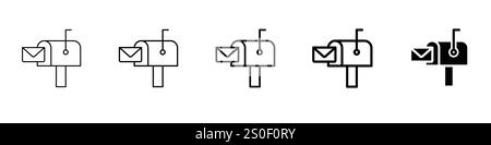 Satz von 5 Postfachsymbolen - 1 nicht erweitert - 1 Silhouette - Postfachsymbole mit Kuvert, die Abweichungen in der Linienstärke und Füllstile anzeigen Stock Vektor